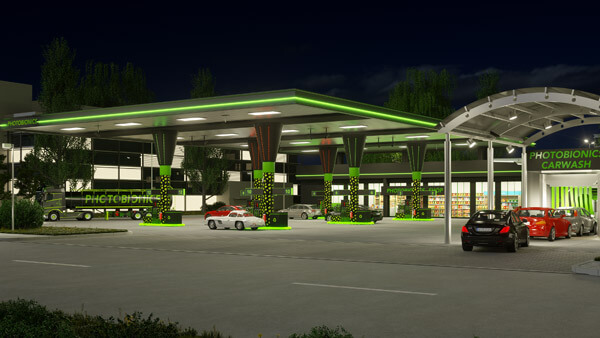 Architekturvisualisierung: Tankstelle Nachtansicht | Exterior