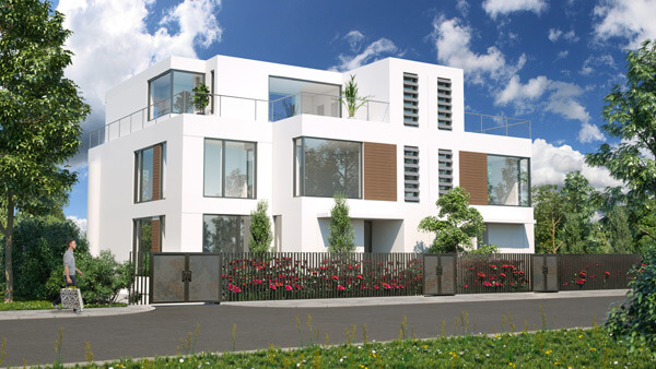 Architekturvisualisierung: Modernes Doppelhaus (Ansicht von vorne / Exterior)